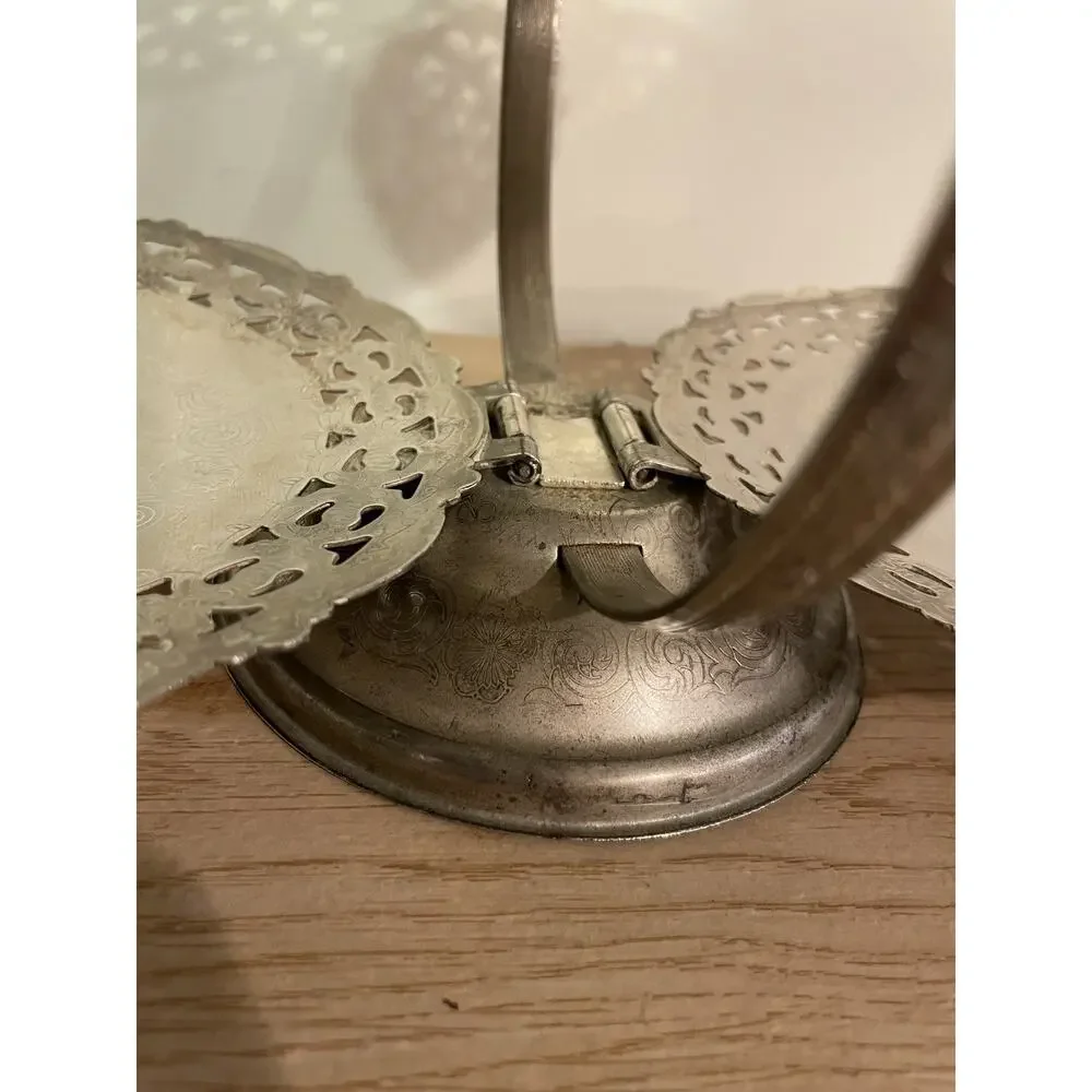 VTG England Silver Tone Filigree Folding Clamshell 3 Tier Dessert Server Stand